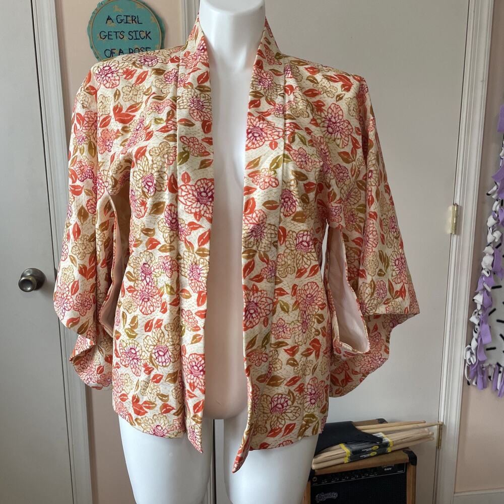 Exquisite Vintage Kimono Jacket Cream Pink Red Floral Embroidered Lined Medium